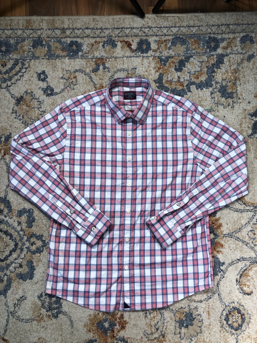 UNTUCKit Shirt Mens Large White Red Plaid Long Sleeve Button Up Stretch Slim Fit